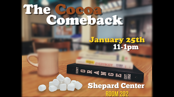 Flyer invitation with books and hot chocolate displayed on the front.